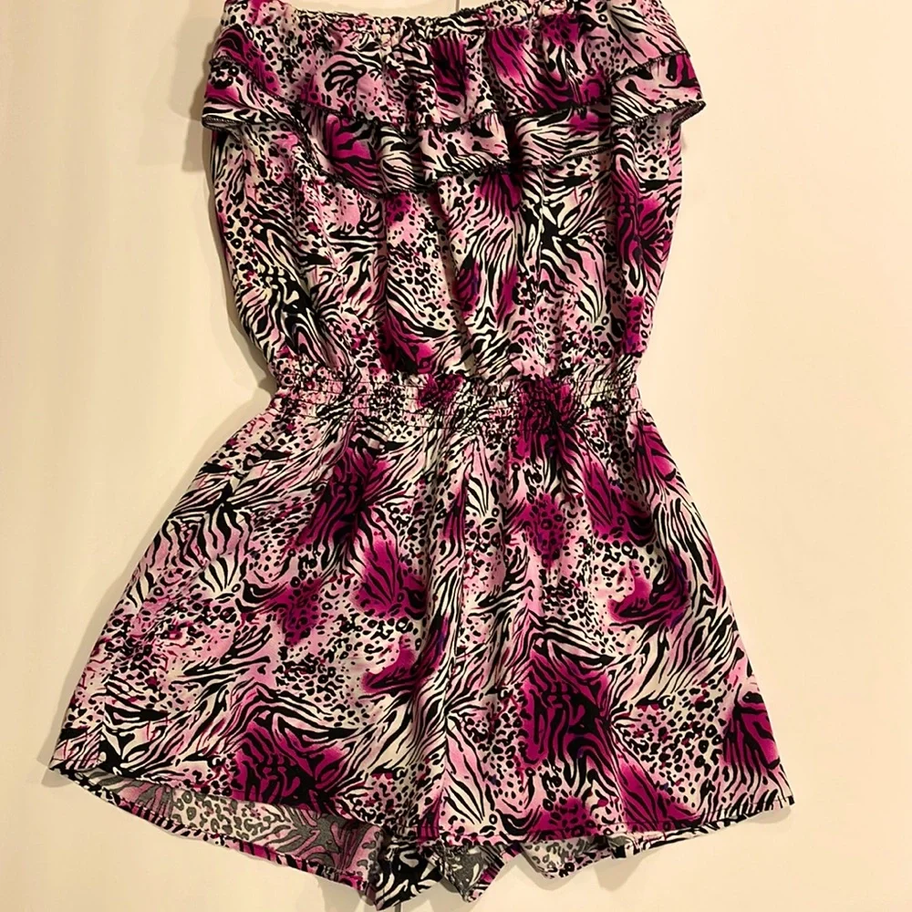 Boutique Animal Print Strapless Romper Pink‎ Zebra Leopard Smocked Waist S